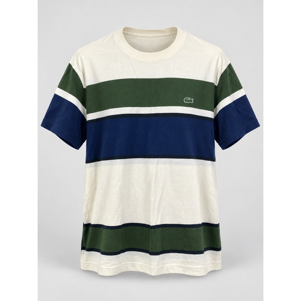 Lacoste T-Shirt Mens XXL Cream Green Blue Striped Excellent Regular Fit F70790